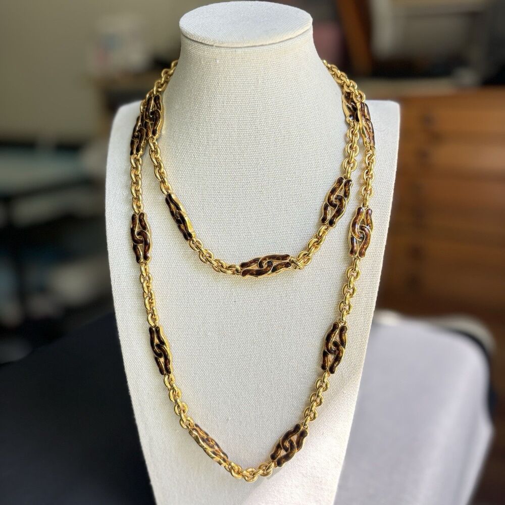 Vintage St John 40” Long Gold Chain Necklace Amber Enamel Runway Statement